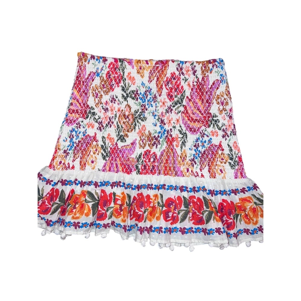 Farm Rio Banana Mini Skirt Smocked Floral Pom Pom Trim FR 297304 Multi C Medium - Picture 3 of 3